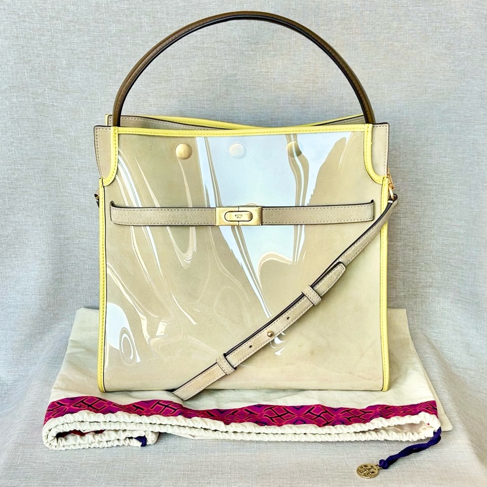 Tory Burch Large Lee Radziwill Beige and Yellow Patent Raincoat Satchel - Picture 7 of 16